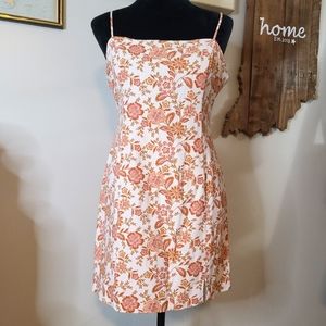Lush Neutral Vtg Floral Adjustable Straps Mini Sheath Linen Dress Womens Medium